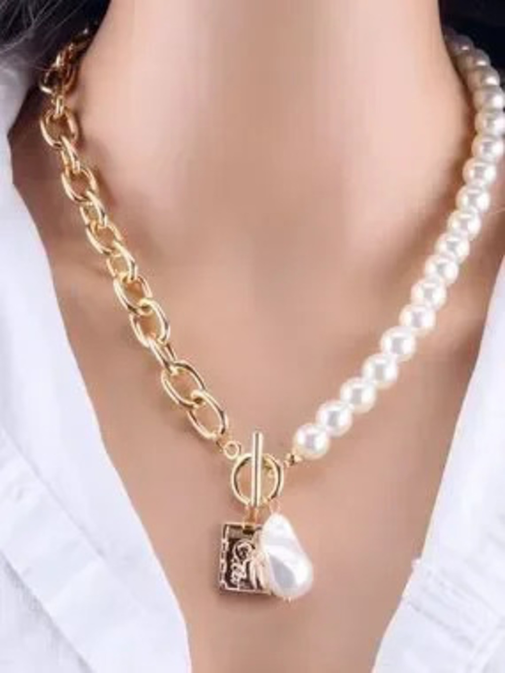 Opulent Pearl & Gold Asymmetrical Toggle Collar Necklace